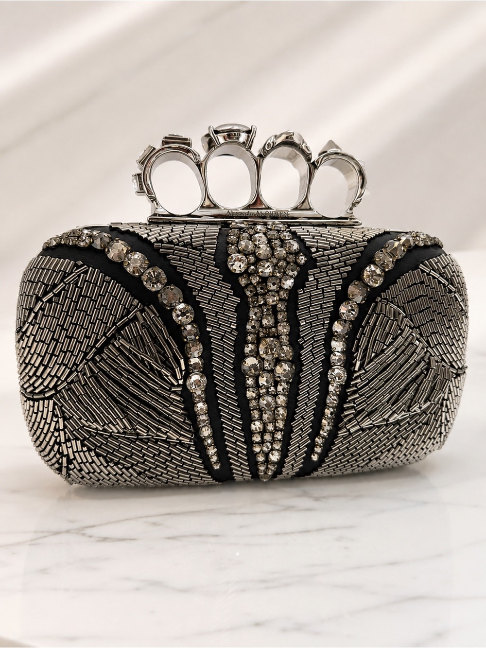Alexander McQueen Black and Silver Crystal Knuckle-Handle Clutch